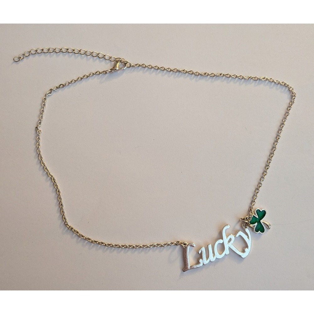 Lucky Script Nameplate Necklace Green Four Leaf Clover Silver Tone St Patricks
